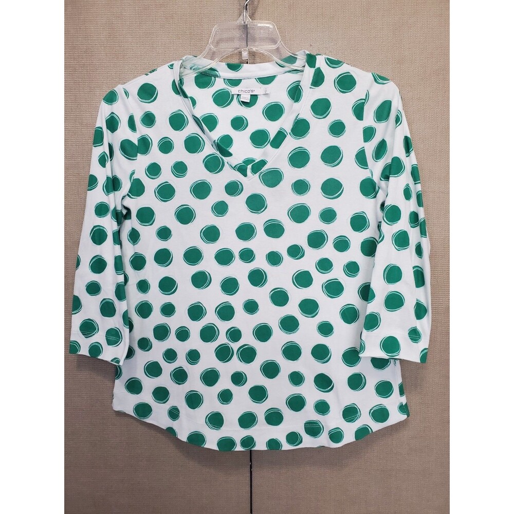 CHICO’S Pima Cotton White Dotted Everyday 3/4 Sleeve V-Neck T-Shirt Size 1 Med